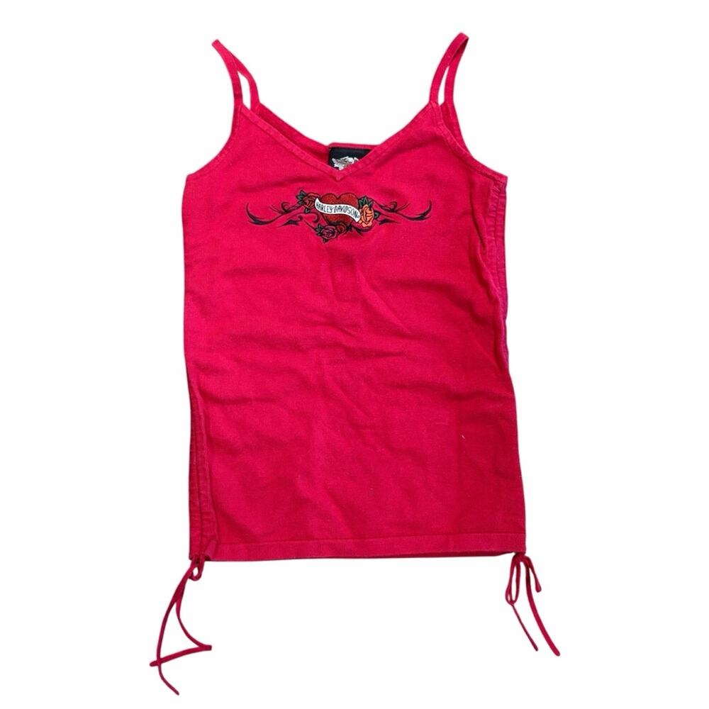 Harley Davidson Red Tank Top with Embroidered Design - M